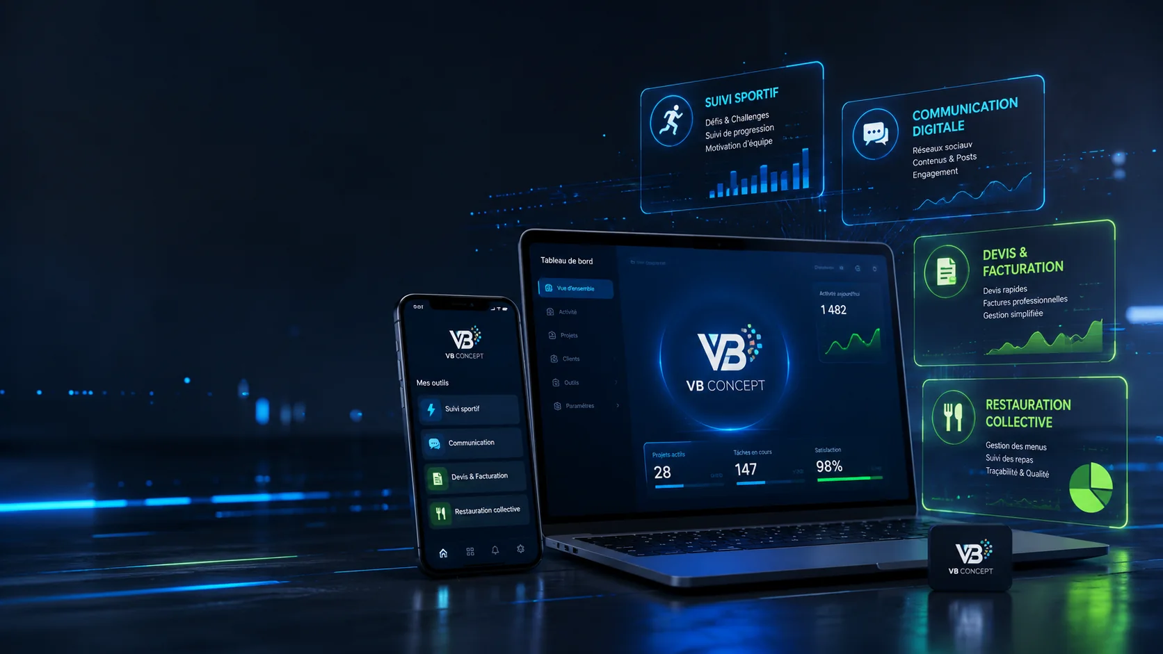 Écosystème numérique VB CONCEPT sur ordinateur et smartphone